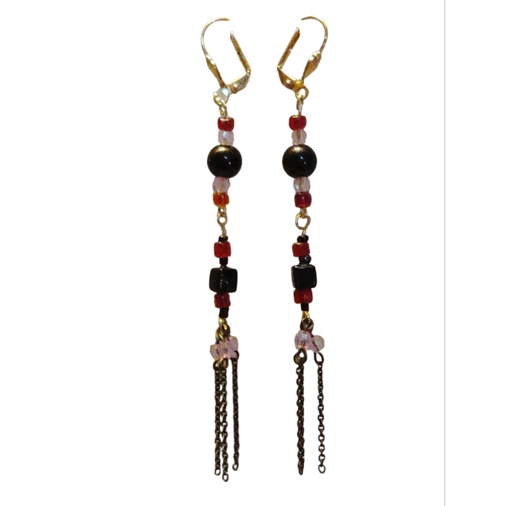 Handmade Black Red & Purple Beaded Link Chain Dangle Earrings New